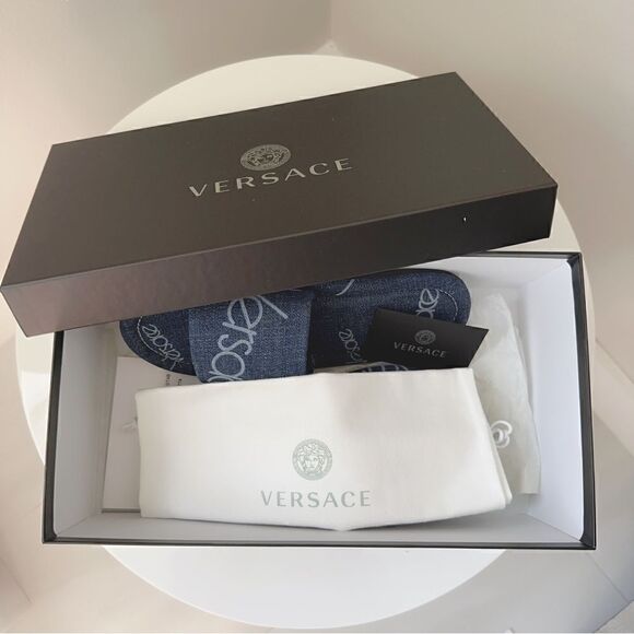 ⭕️ VERSACE Denim Slippers Sandals Blue Logo Women’s Designer 8.5 - Picture 9 of 9